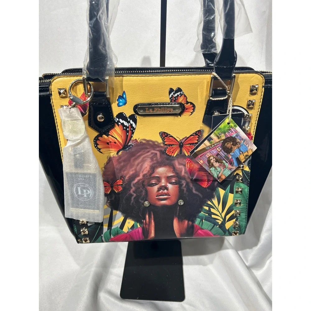 La Philipe Miami Butterfly Graphic Satchel Handbag Yellow Black Studded NWT